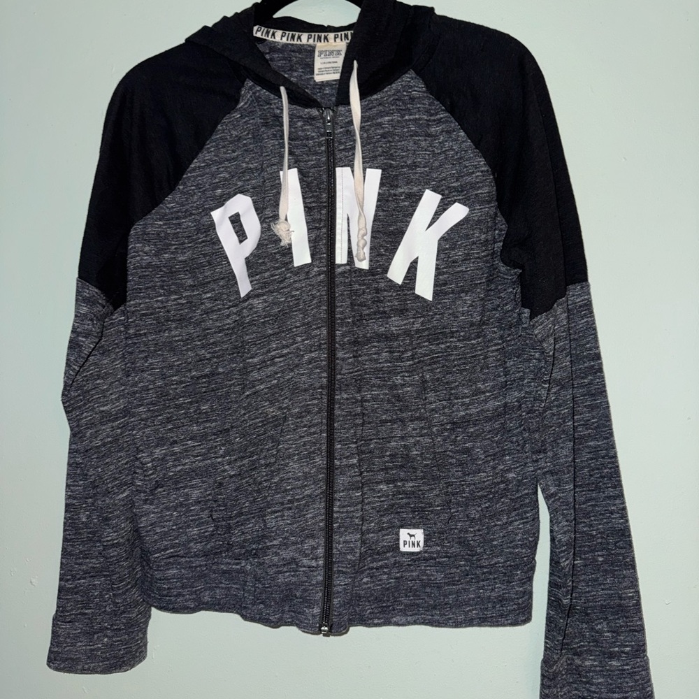 Victoria's Secret PINK Full Zip Hoodie Gray Black Logo Women’s Large